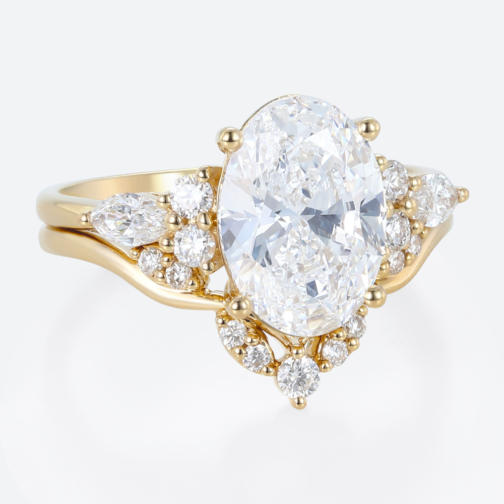 3ct Oval Cut Lab Diamond Ring Set Seamless Stacking Bridal Ring Set in Yellow Gold