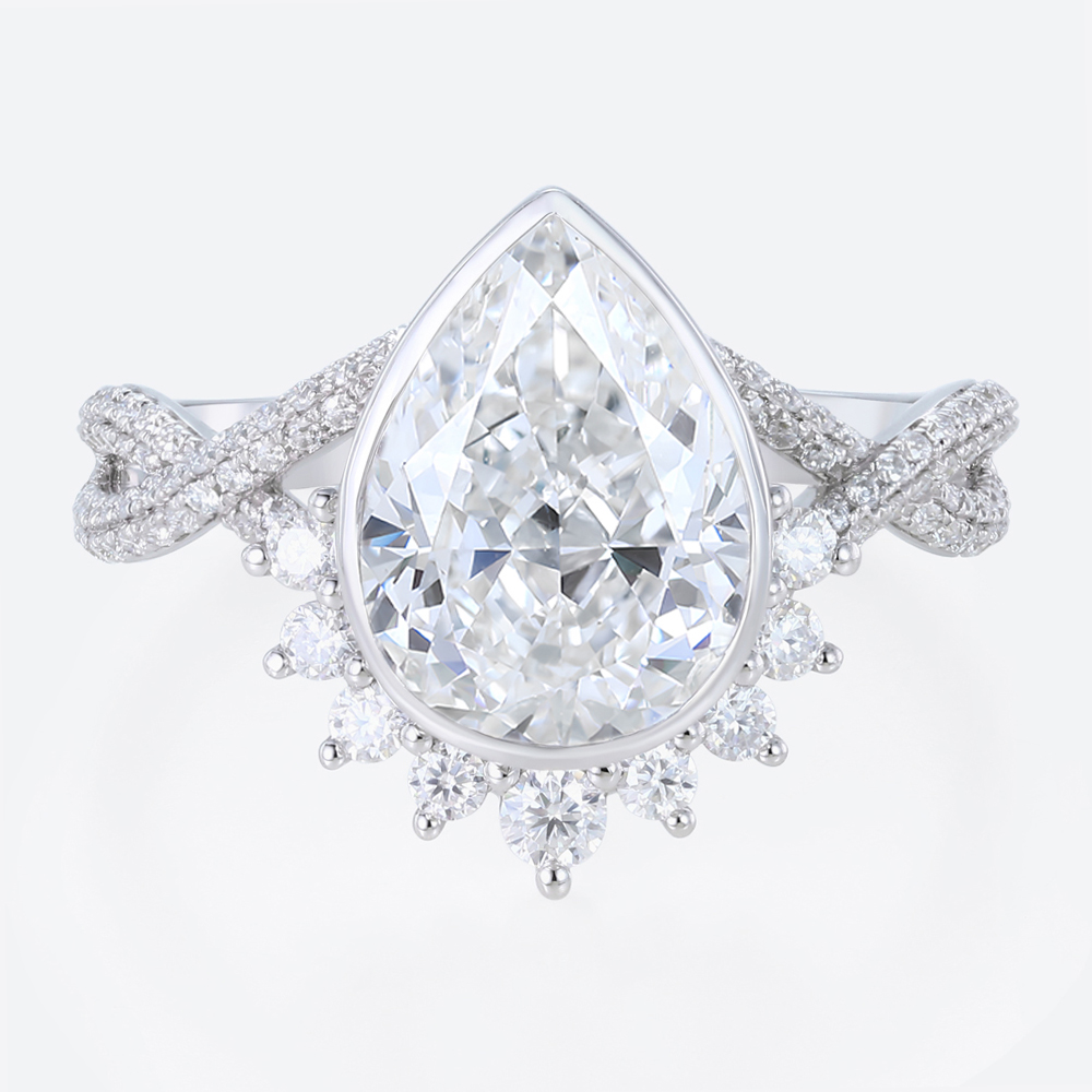 3ct Pear Cut Lab Diamond Rings​ Twisting Pave Band Bezel Setting Engagement Ring in White Gold