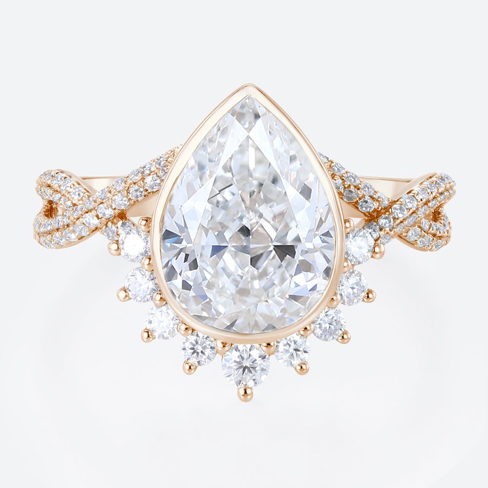 3ct Pear Cut Lab Diamond Rings Twisting Pave Band Bezel Setting Engagement Ring in Rose Gold