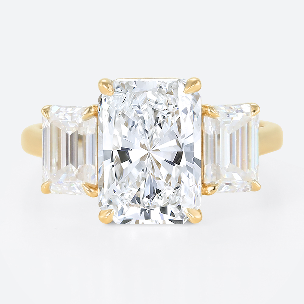 3ct Radiant Cut Lab Diamond Ring​ Classic Three-Stone 4-Prong Engagement Ring in Yellow Gold