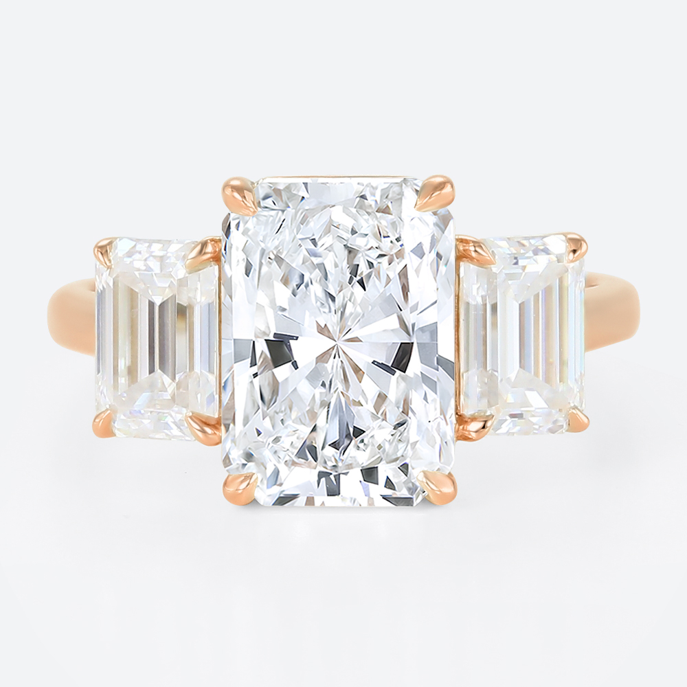 3ct Radiant Cut Lab Diamond Ring​ Classic Three-Stone 4-Prong Engagement Ring in Yellow Gold