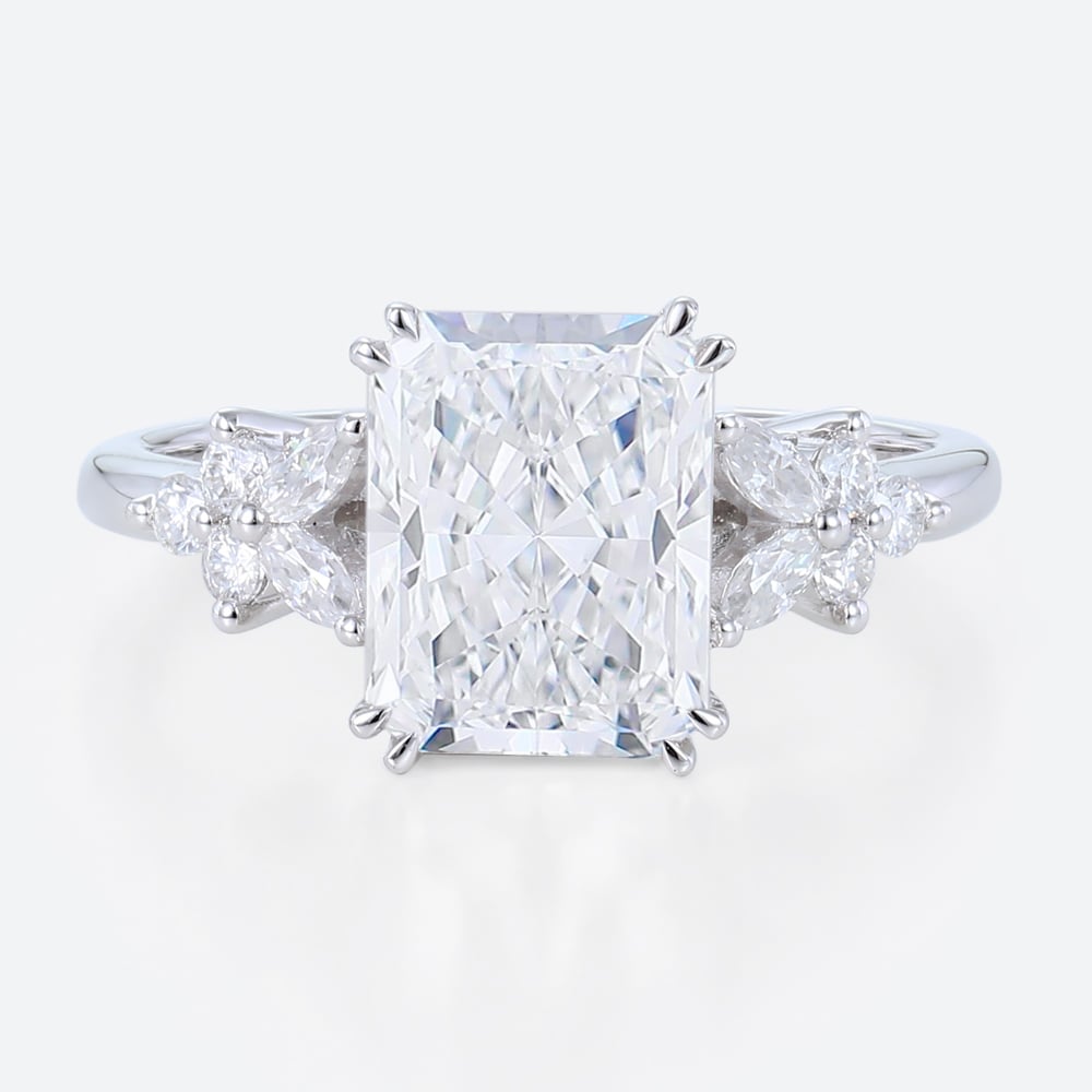 3 Carat Lab Grown Diamond Ring Radiant Cut Floral 4 Double Claw Prong Engagement Ring in White Gold