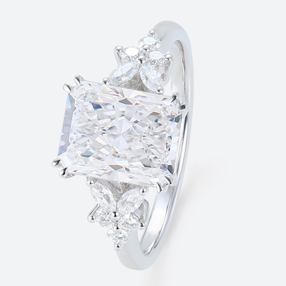3 Carat Lab Grown Diamond Ring Radiant Cut Floral 4 Double Claw Prong Engagement Ring in White Gold