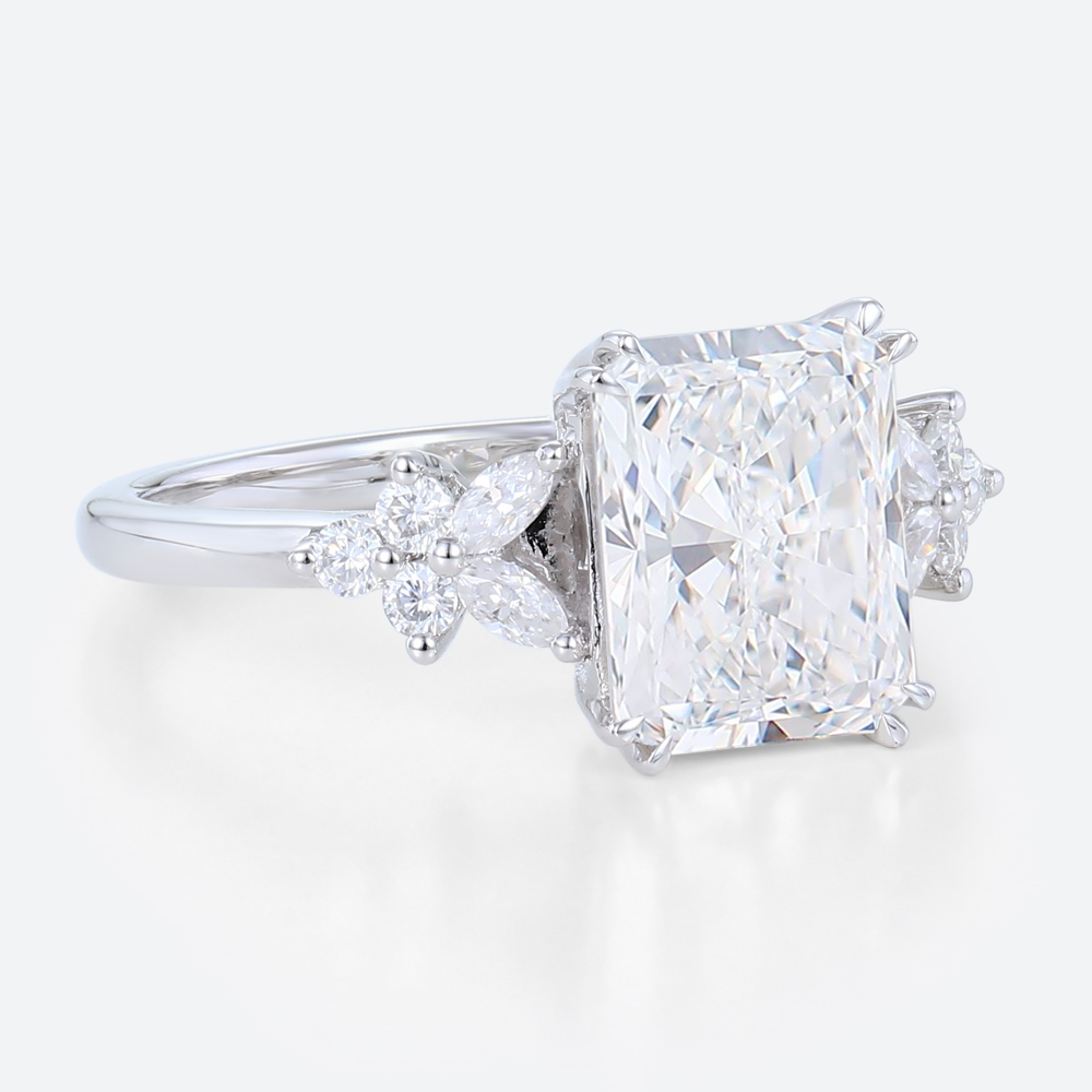 3 Carat Lab Grown Diamond Ring Radiant Cut Floral 4 Double Claw Prong Engagement Ring in White Gold