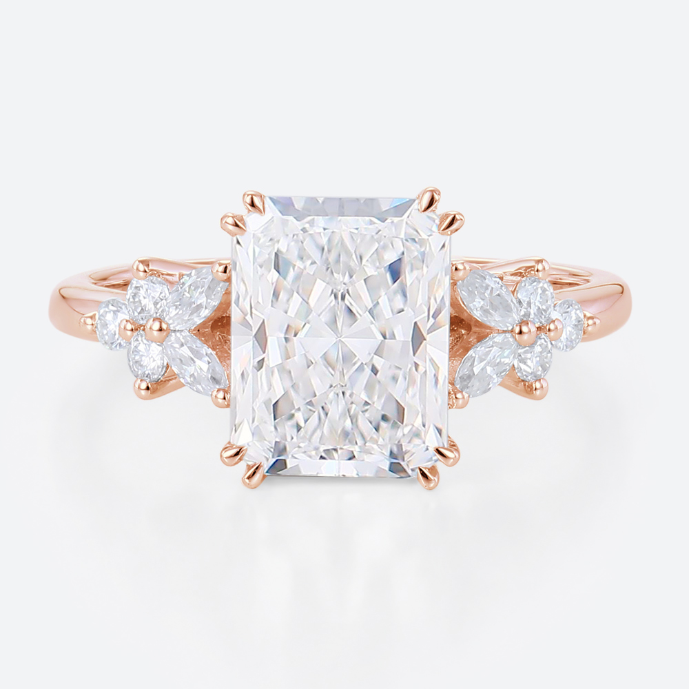 3 Carat Lab Grown Diamond Ring Radiant Cut Floral 4 Double Claw Prong Engagement Ring in Rose Gold