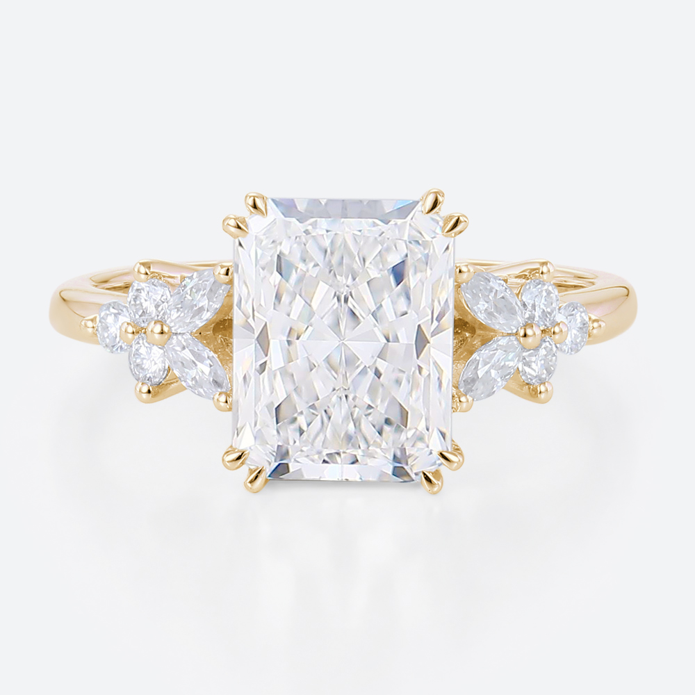 3 Carat Lab Grown Diamond Ring Radiant Cut Floral 4 Double Claw Prong Engagement Ring in Yellow Gold