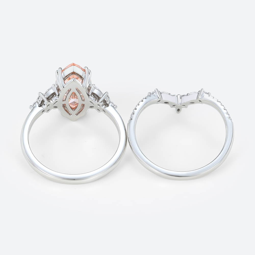 3ct Marquise Cut Lab Pink Diamond Ring​ Set Modern 4 Double Claw Prong Bridal Ring Set in White Gold