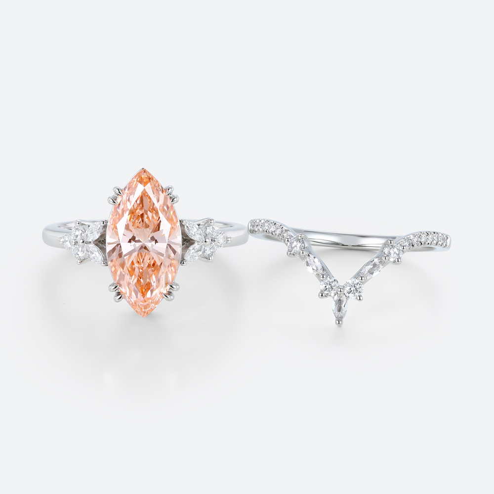 3ct Marquise Cut Lab Pink Diamond Ring​ Set Modern 4 Double Claw Prong Bridal Ring Set in White Gold