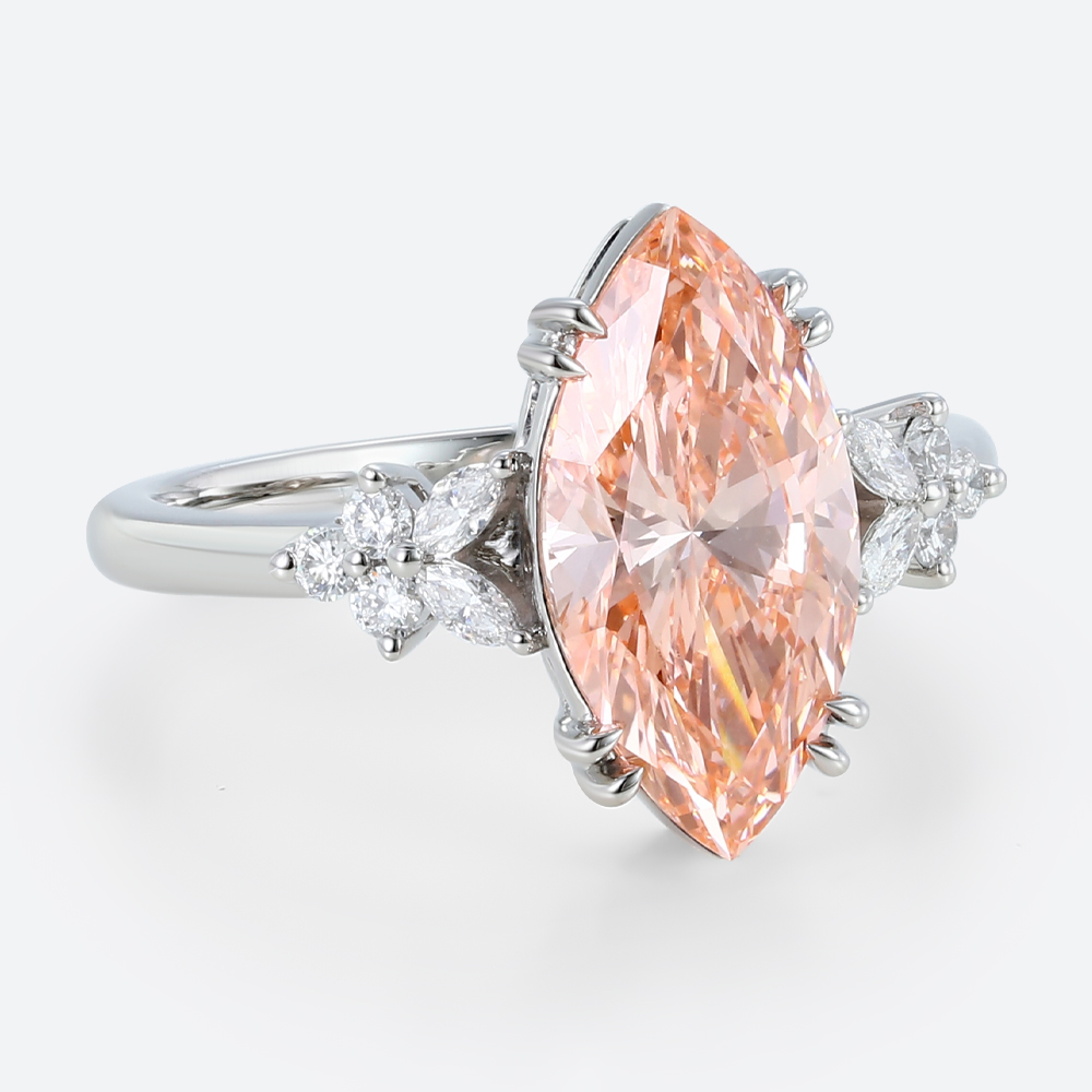 3ct Marquise Cut Lab Pink Diamond Ring​ Modern Cluster 4 Double Claw Prong Engagement Ring in White Gold