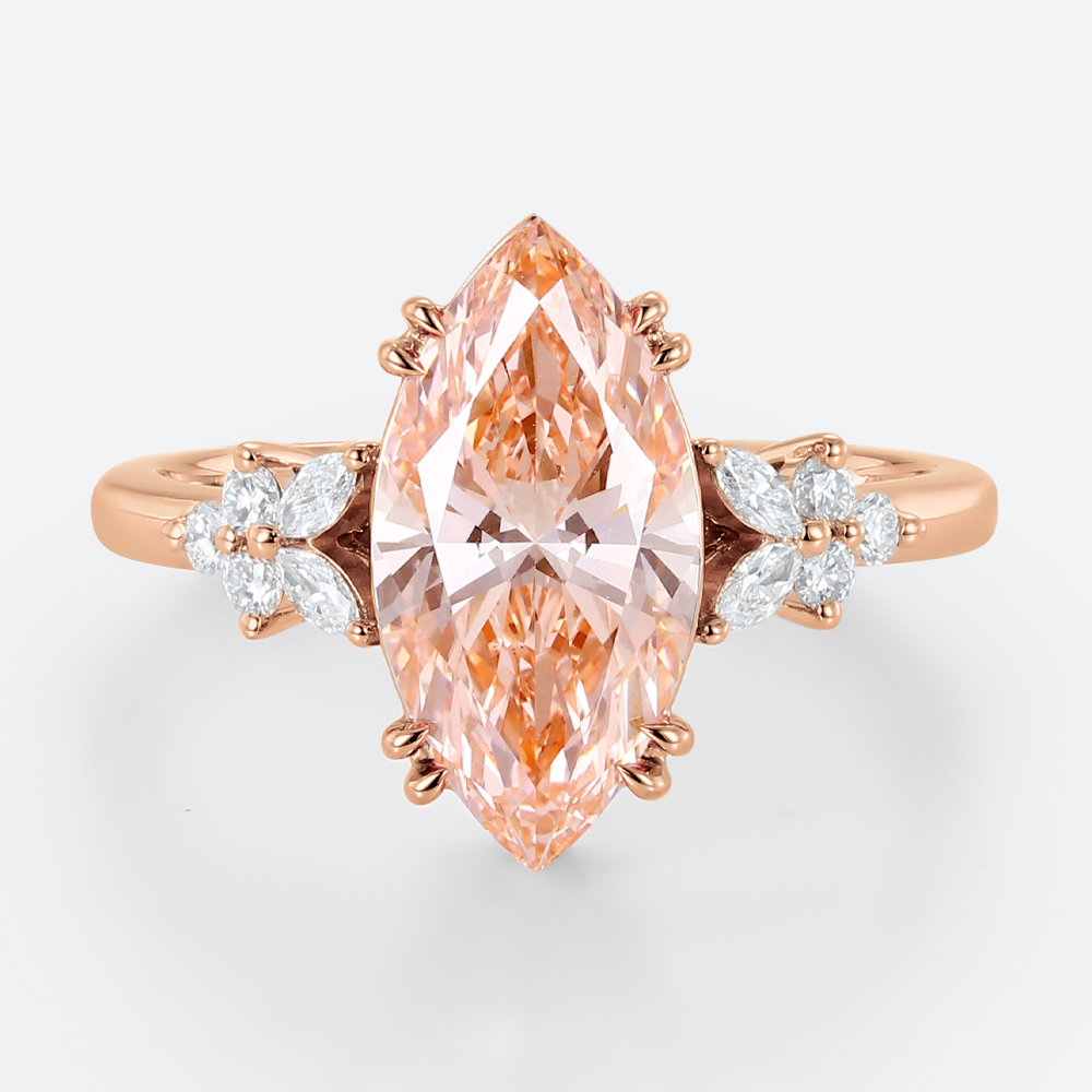 3ct Marquise Cut Lab Pink Diamond Ring​ Modern Cluster 4 Double Claw Prong Engagement Ring in Rose Gold