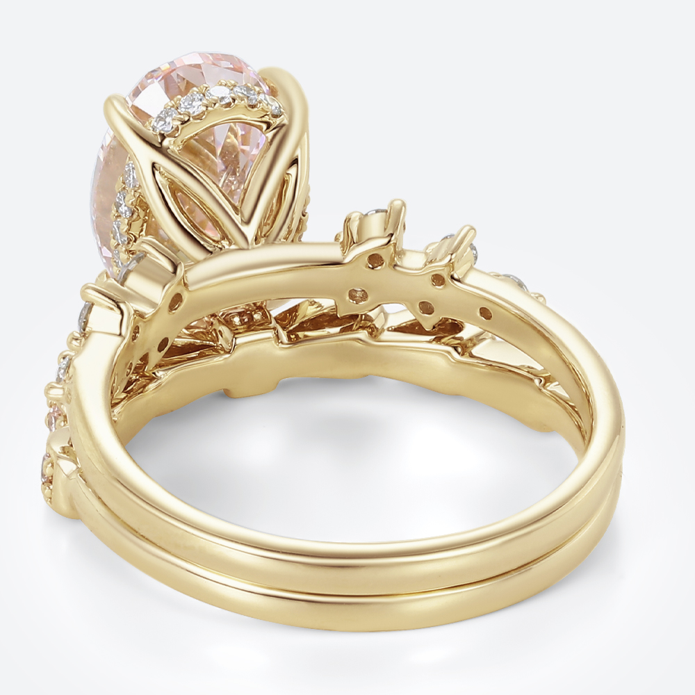 3ct Oval Cut Pink Diamond Ring Set | Art Nouveau 4-Claw Bridal Rings in Yellow Gold