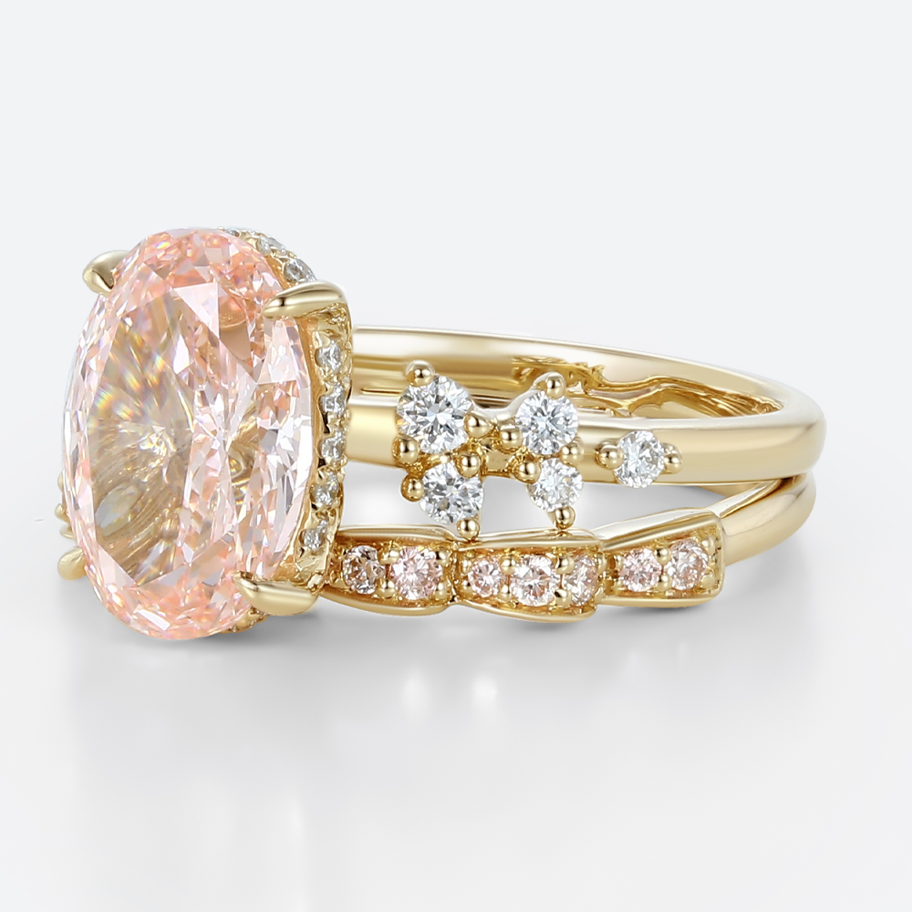3ct Oval Cut Pink Diamond Ring Set | Art Nouveau 4-Claw Bridal Rings in Yellow Gold