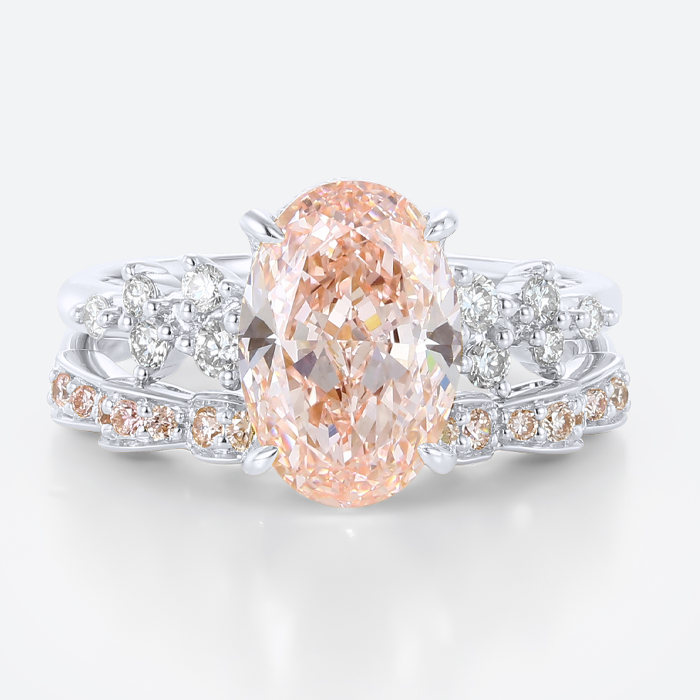 3ct Oval Cut Pink Diamond Ring Set | Art Nouveau 4-Claw Bridal Rings in White Gold