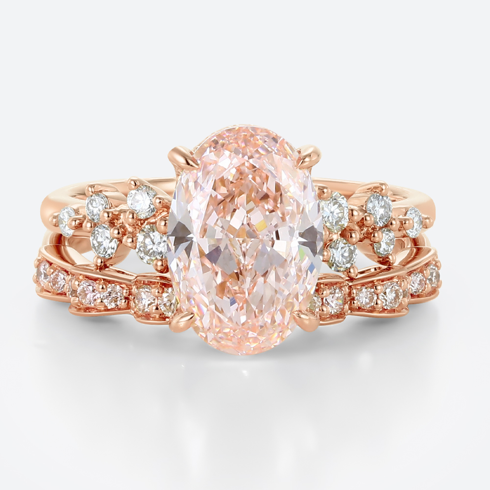 3ct Oval Cut Pink Diamond Ring Set | Art Nouveau 4-Claw Bridal Rings in Rose Gold