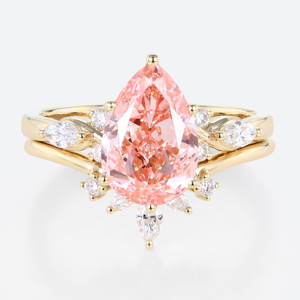 3ct Pink Diamond Engagement Rings​ Set 3ct Pear 4-Prong Bridal Ring in Yellow Gold