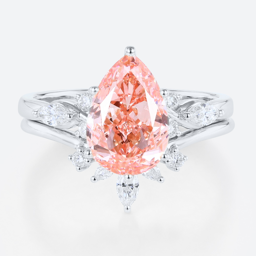3ct Pink Diamond Engagement Rings​ Set 3ct Pear 4-Prong Bridal Ring in White Gold
