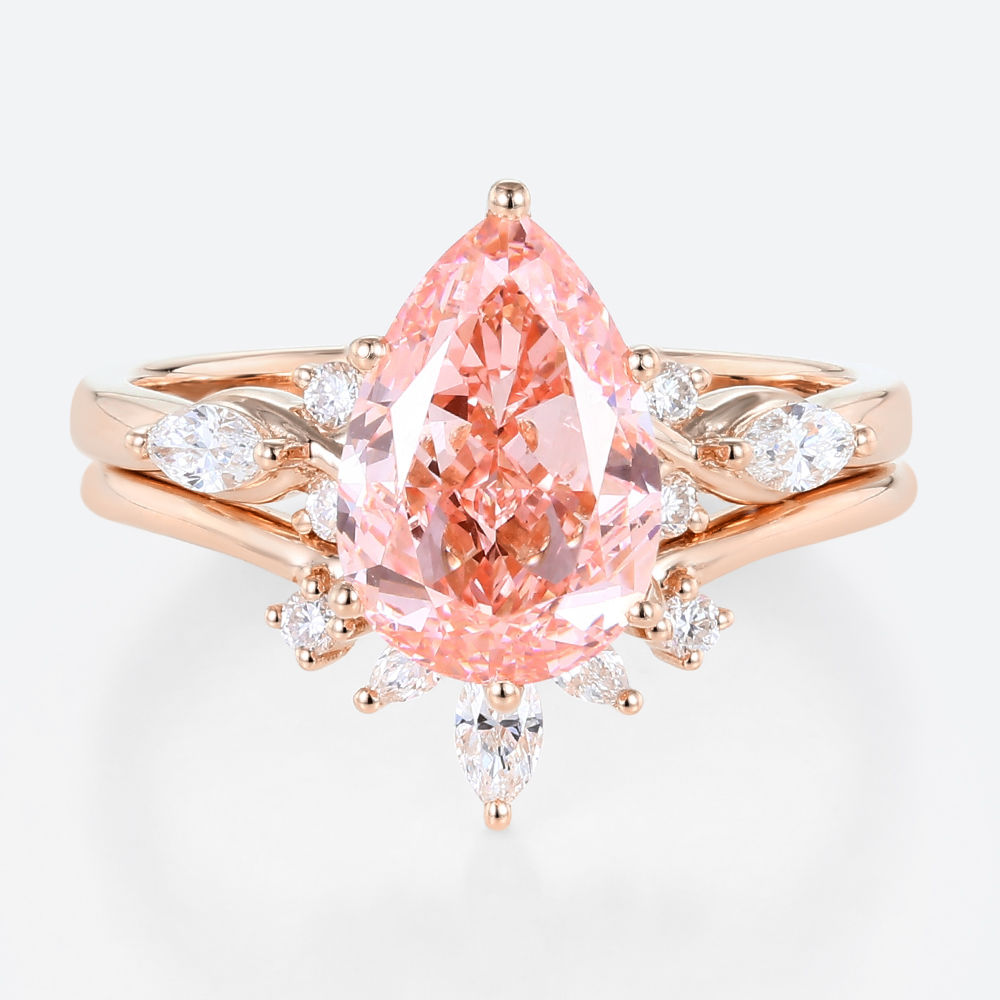 3ct Pink Diamond Engagement Rings​ Set 3ct Pear 4-Prong Bridal Ring in Rose Gold