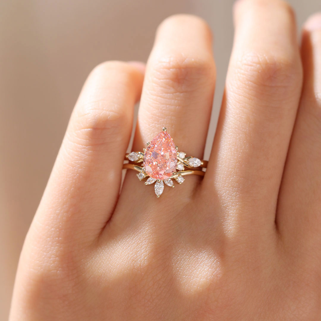 3ct Fancy Pink VS+ Pear Cut Lab Grown Pink Diamond Classic Cluster 6-Prong Bridal Ring Set
