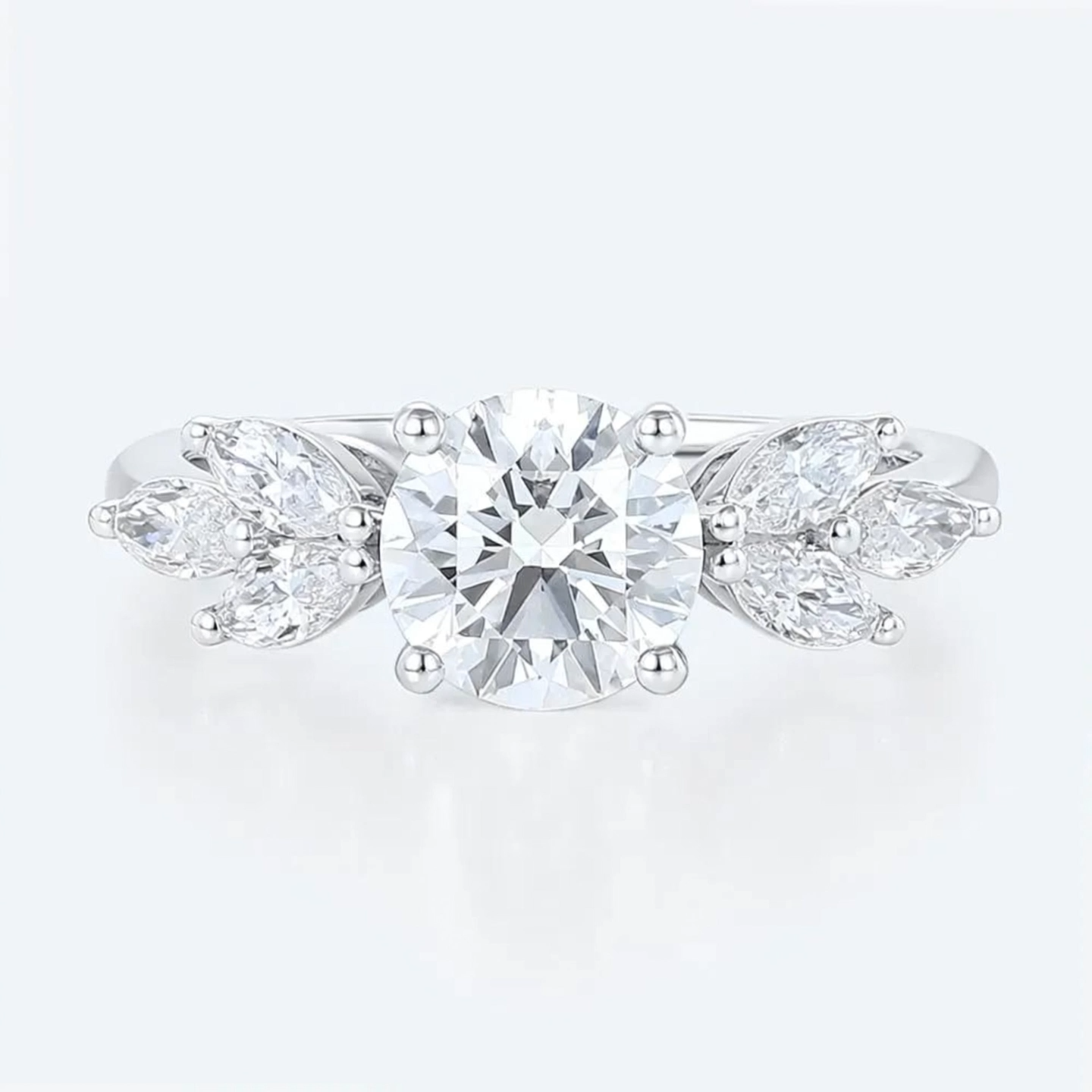 1ct Round Cut Lab Grown Diamond Classic Marquise Accent Engagement Ring in White Gold
