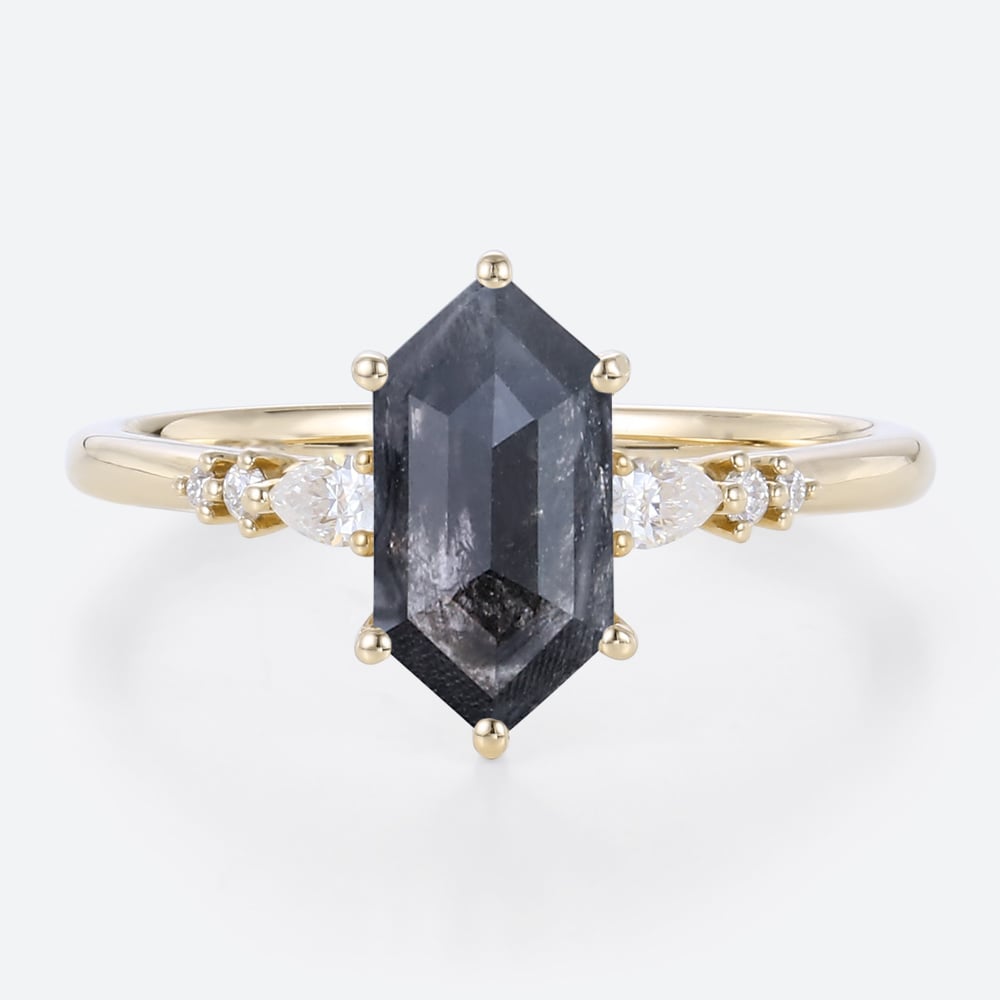 Yellow Gold 1.3ct Elongated Hexagon Cut Salt and Pepper Diamond Ring​ Pear lab Diamond Side Stone Ring