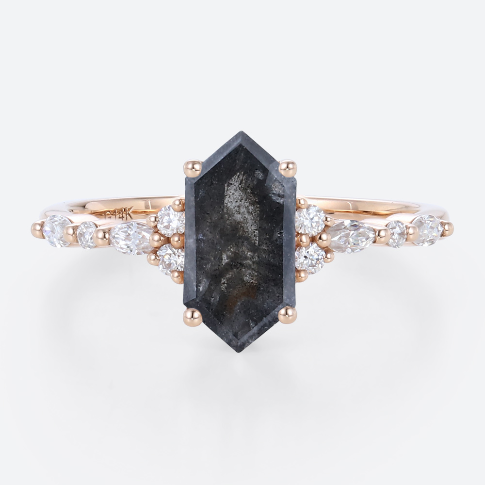 Elongated Hexagon Cut Salt and Pepper Diamond Engagement Ring 1.3ct Vintage Bridal Rings Elongated Hexagon Cut Salt and Pepper Diamond Engagement Ring 1.3ct Vintage Bridal Rings