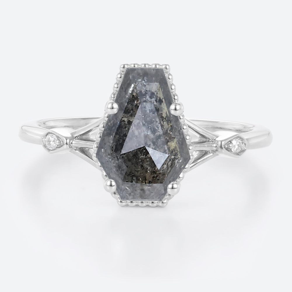 White Gold Ring Coffin Shaped Engagement Ring Salt and Pepper Diamonds