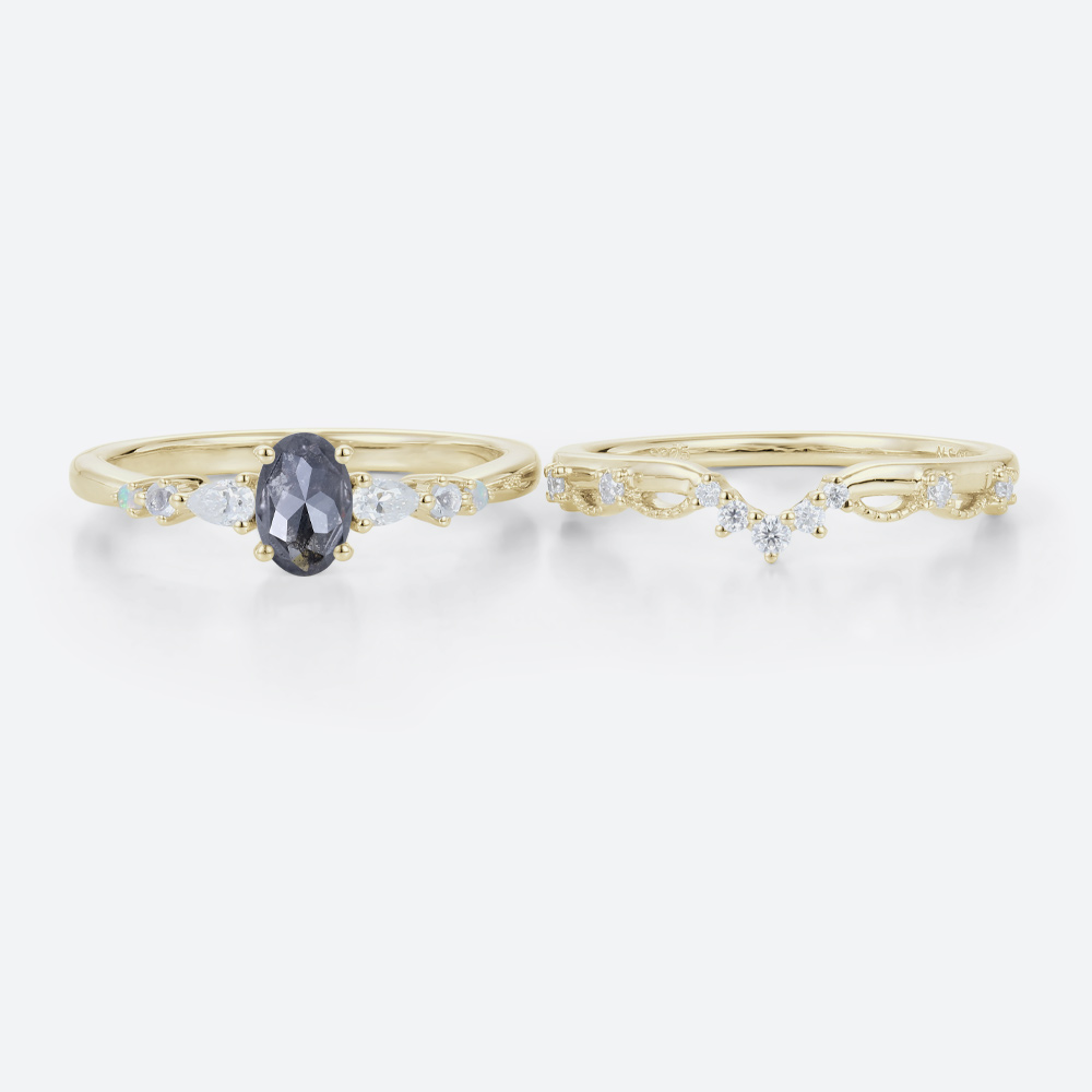 Vintage Wedding Ring Sets Salt and Pepper Diamond Curved Band