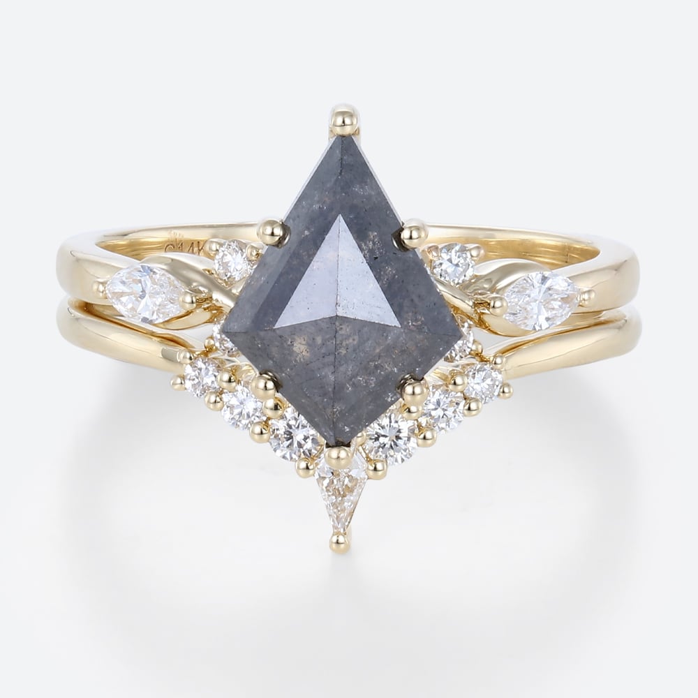 Kite Cut Salt And Pepper Diamond Ring Bridal Wedding Ring Sets