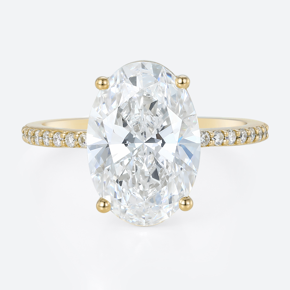 Lab Diamond Oval Cut Engagement Rings​ 4ct Classic Pave 4-Prong Engagement Ring in Yellow Gold
