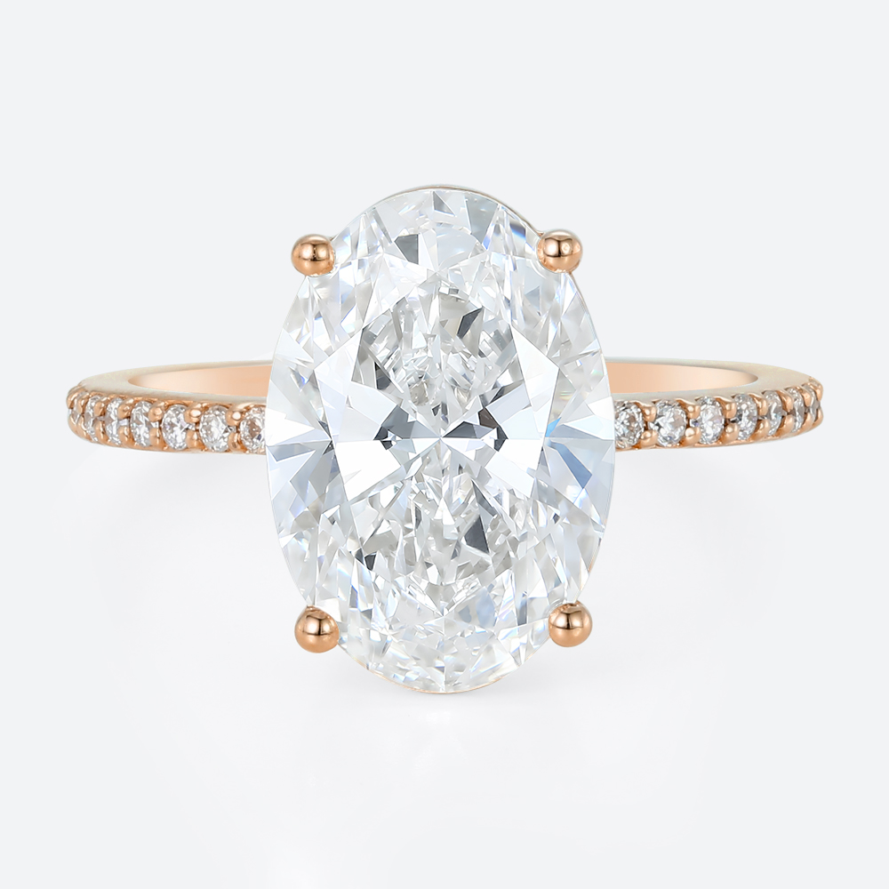 Lab Diamond Oval Cut Engagement Rings​ 4ct Classic Pave 4-Prong Engagement Ring in Rose Gold