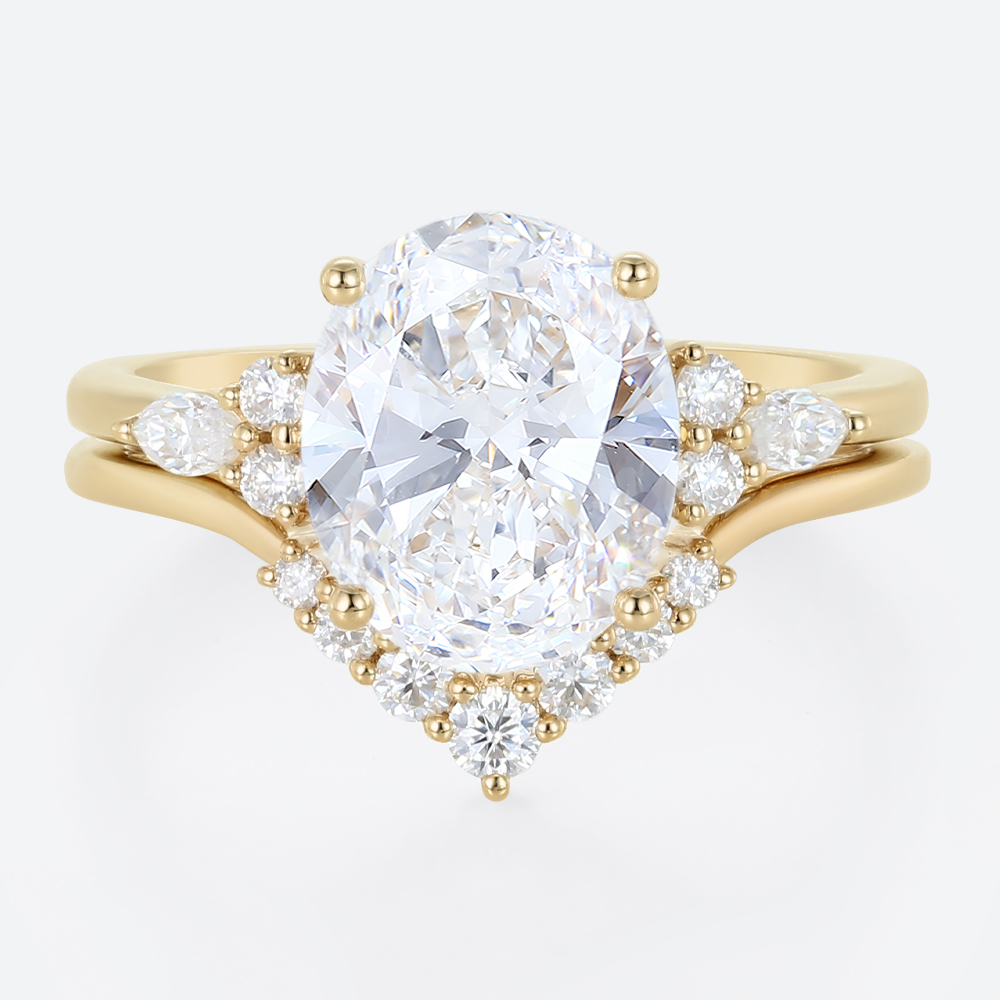4ct Oval Cut Lab Diamond Ring Set Vintage 4-Prong Bridal Ring Set in Yellow Gold