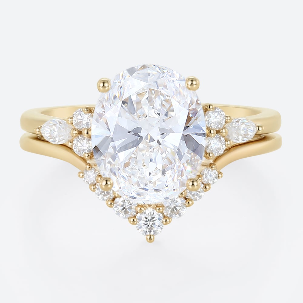 4ct Oval Cut Lab Diamond Ring​ Set Vintage 4-Prong Bridal Ring Set in Yellow Gold