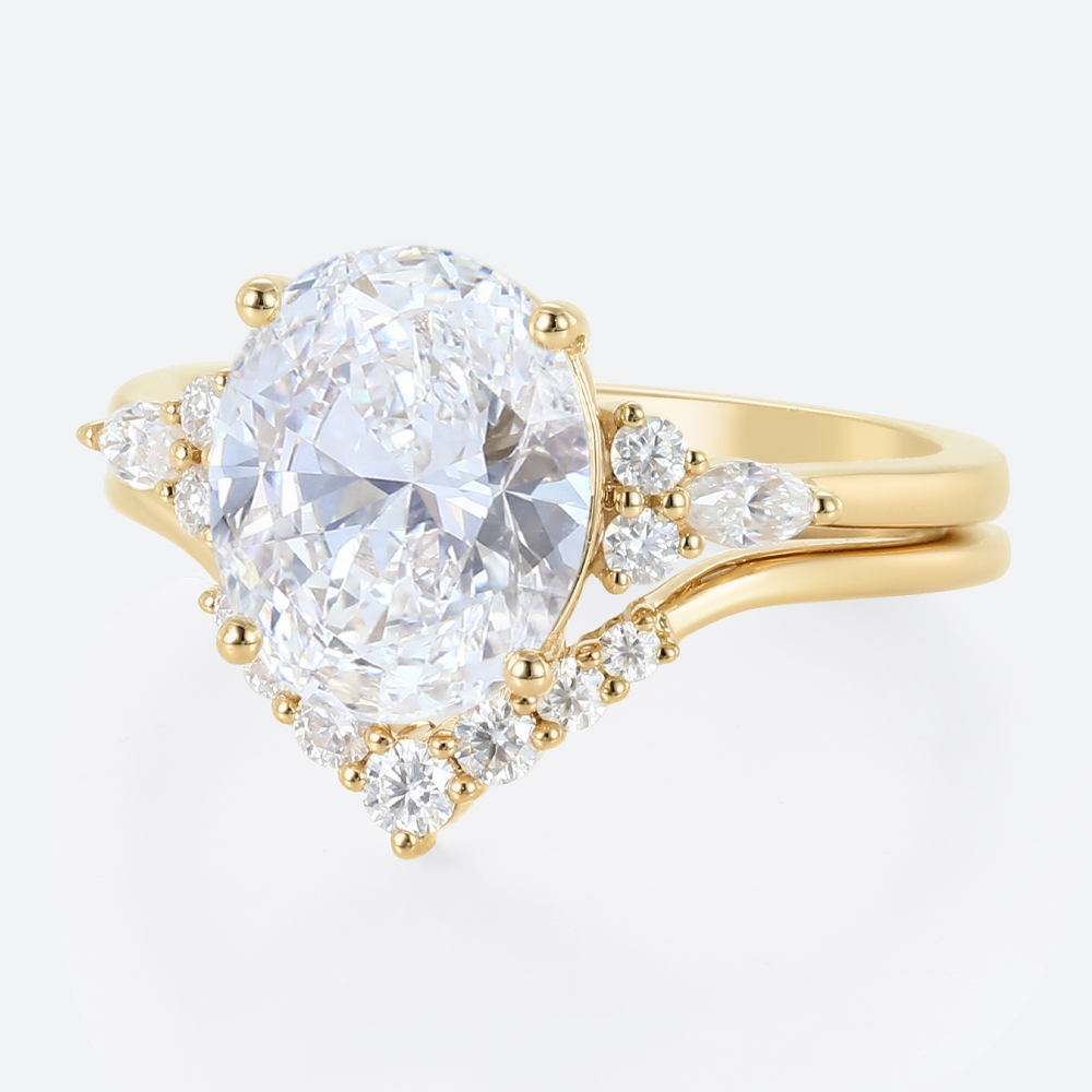 4ct Oval Cut Lab Diamond Ring​ Set Vintage 4-Prong Bridal Ring Set in Yellow Gold