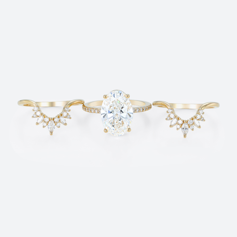 4ct Oval Lab Diamond Ring Set Vintage Trio 4-Prong Bridal Ring Set in Yellow Gold