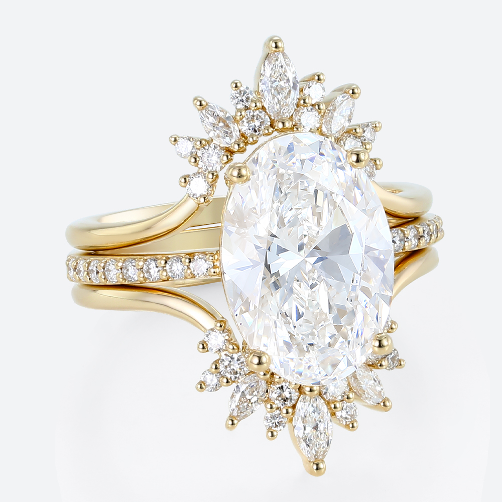 4ct Oval Lab Diamond Ring Set Vintage Trio 4-Prong Bridal Ring Set in Yellow Gold