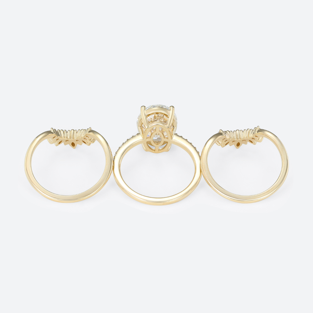 4ct Oval Lab Diamond Ring Set Vintage Trio 4-Prong Bridal Ring Set in Yellow Gold