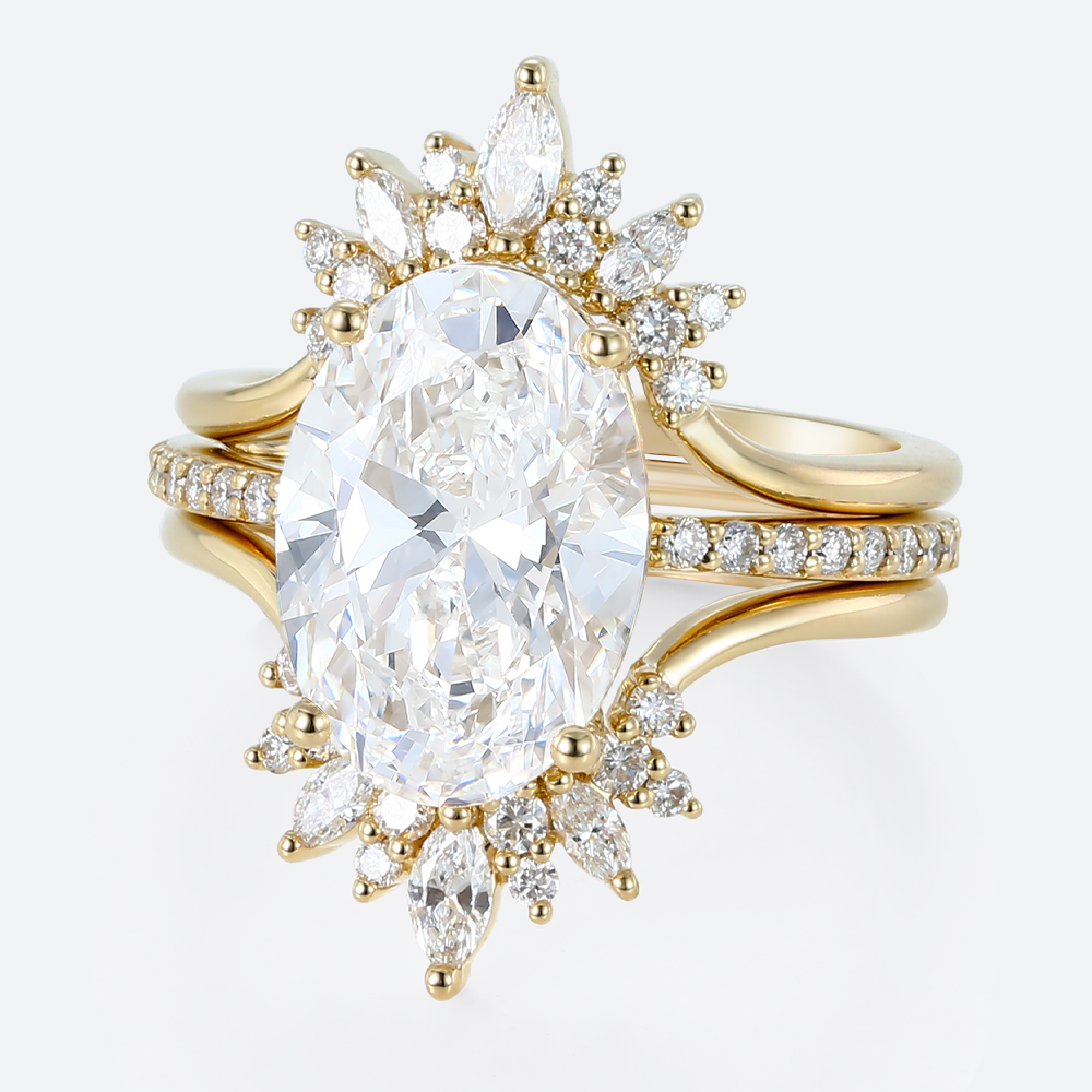 4ct Oval Lab Diamond Ring Set Vintage Trio 4-Prong Bridal Ring Set in Yellow Gold