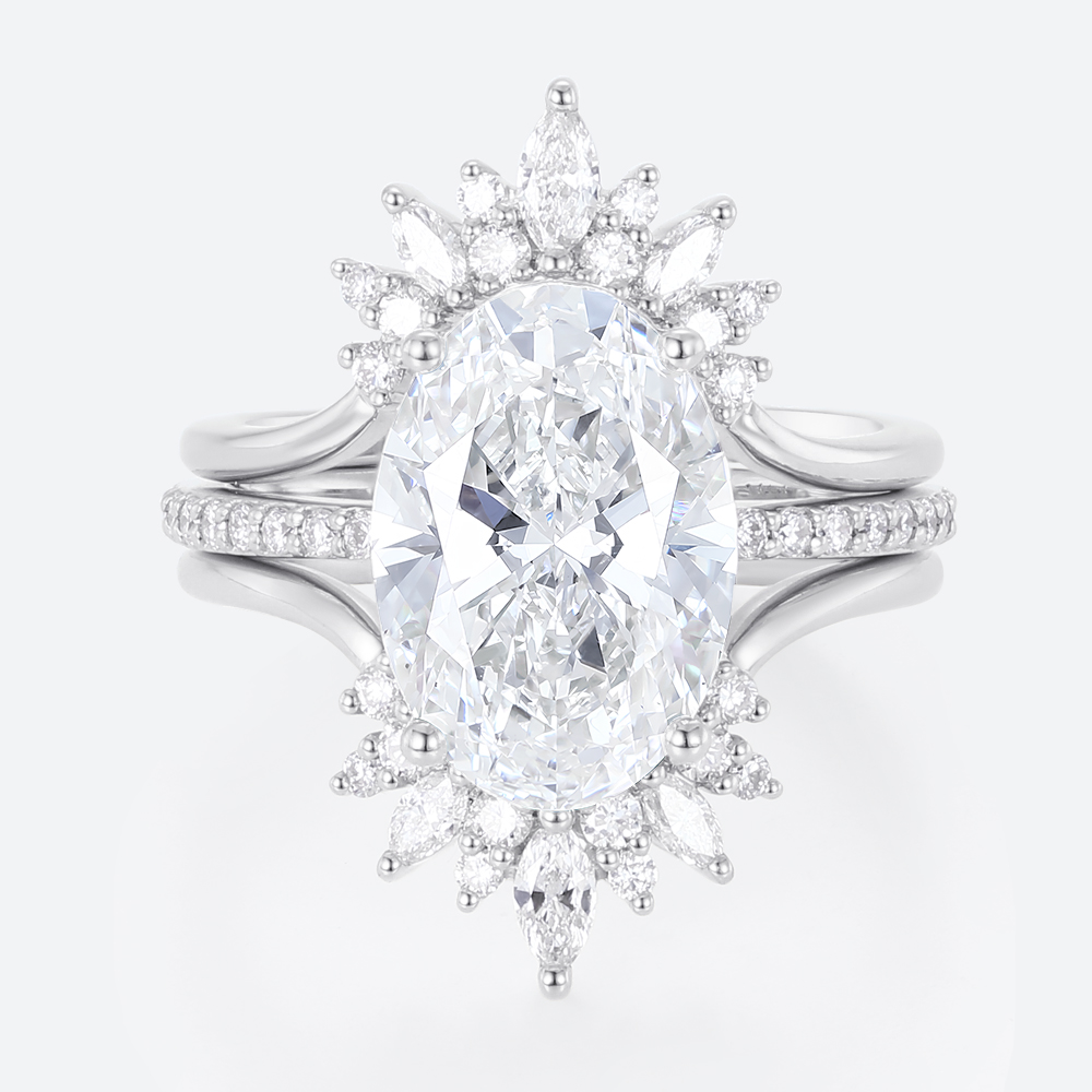 4ct Oval Lab Diamond Ring Set Vintage Trio 4-Prong Bridal Ring Set in White Gold