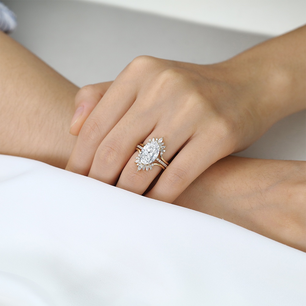 4ct Oval Lab Diamond Ring Set Vintage Trio 4-Prong Bridal Ring Set in Yellow Gold