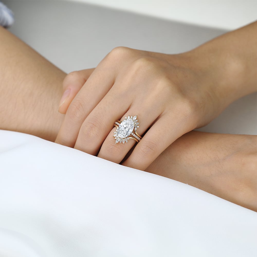 4ct Oval Lab Diamond Ring Set Vintage Trio 4-Prong Bridal Ring Set in Yellow Gold