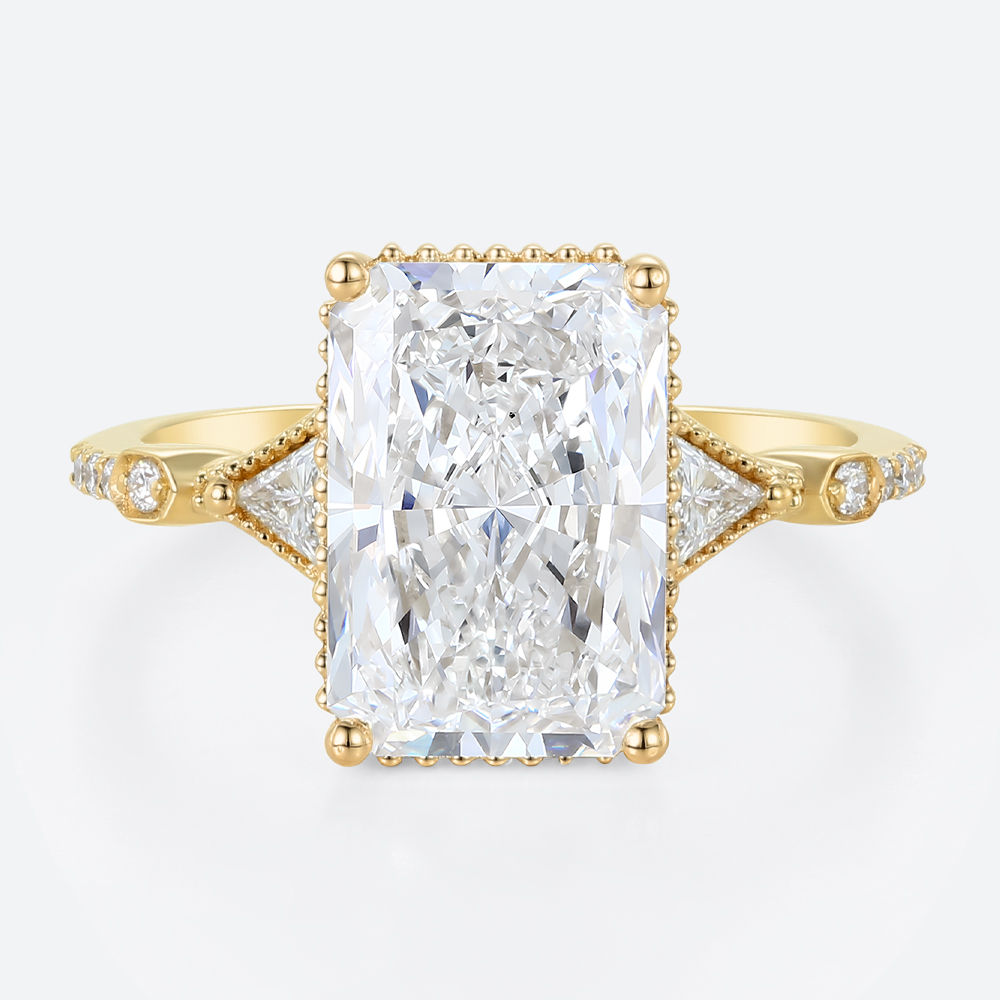 4ct Radiant Cut Lab Diamond Engagement Rings Milgrain Edging 4-Prong Engagement Ring in Yellow Gold