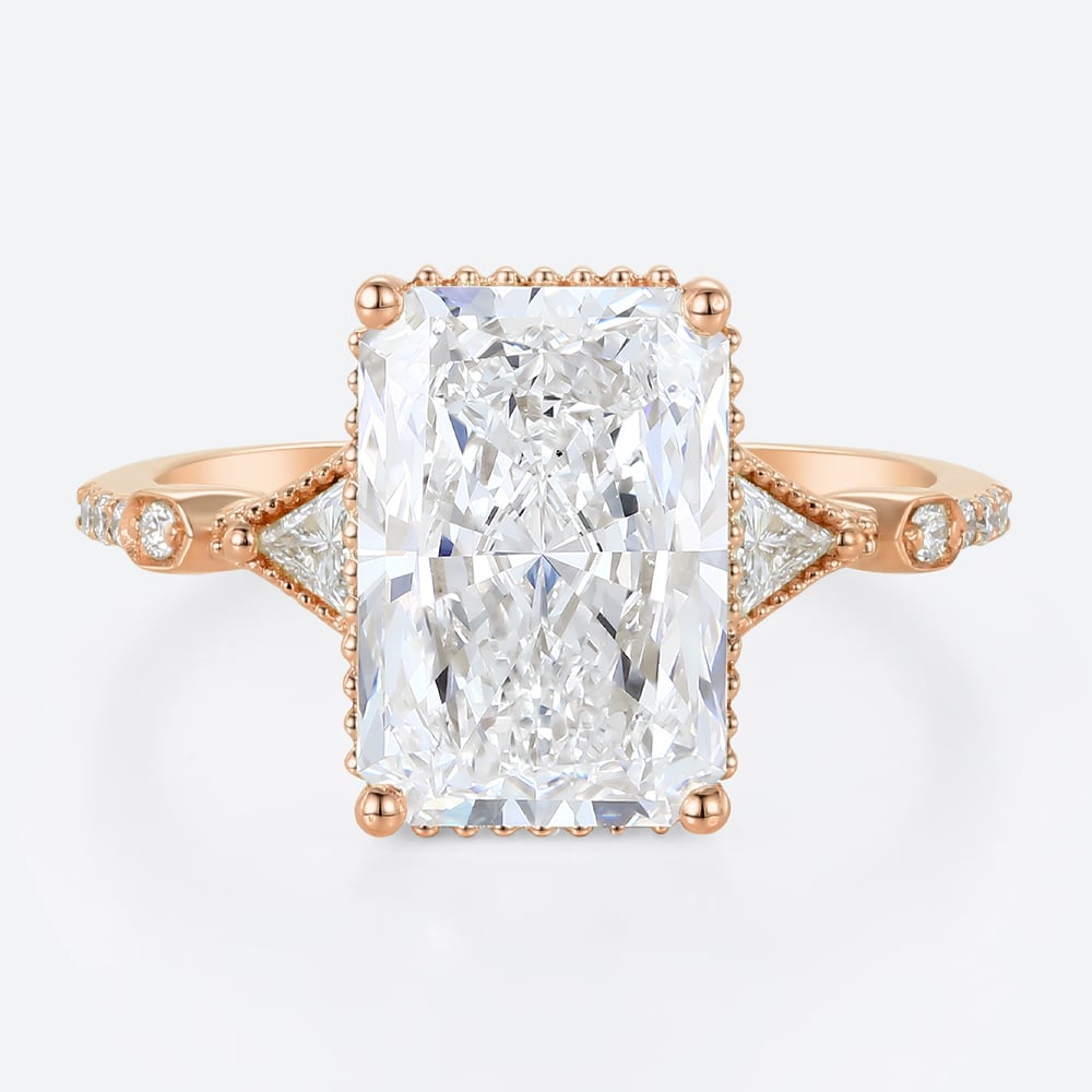 4ct Radiant Cut Lab Diamond Engagement Rings Milgrain Edging 4-Prong Engagement Ring in Rose Gold