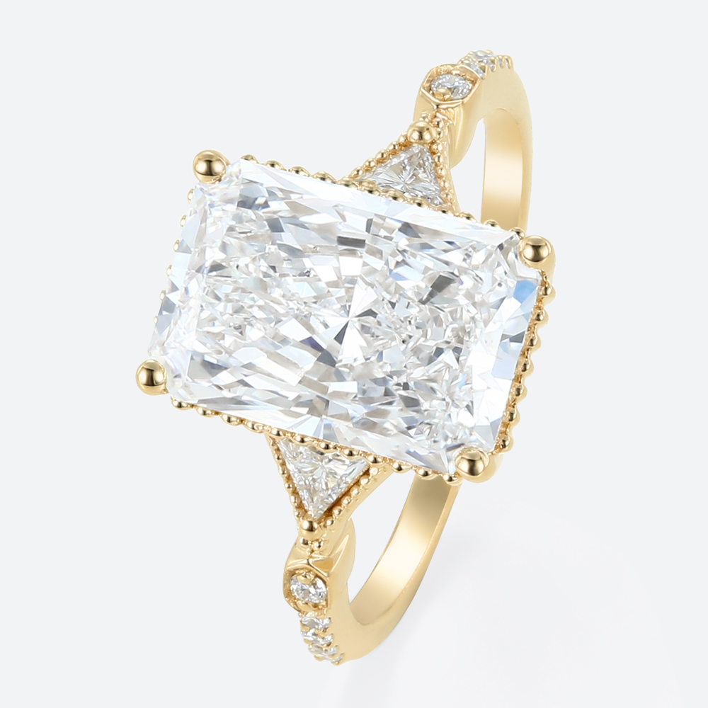 4ct Radiant Cut Lab Diamond Engagement Rings Milgrain Edging 4-Prong Engagement Ring in Yellow Gold