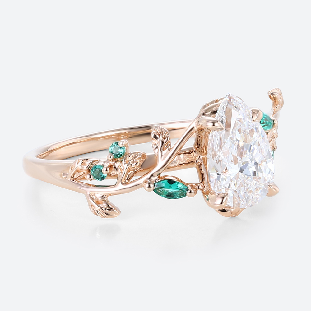1ct Pear Cut Lab Grown Diamond Vine Bypass Engagement Ring with Emerald Accents in Rose Gold