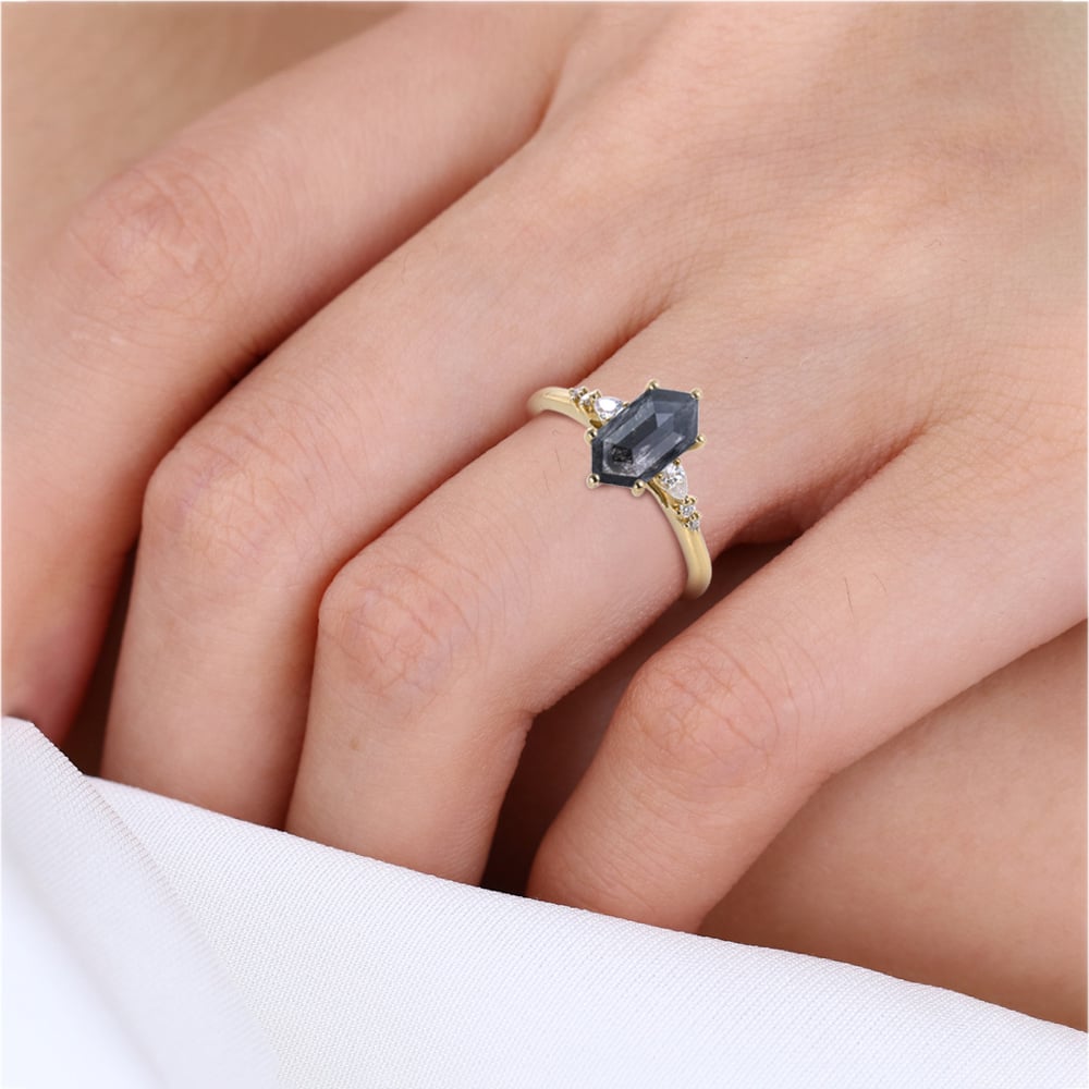 Yellow Gold 1.3ct Elongated Hexagon Cut Salt and Pepper Diamond Ring​ Pear lab Diamond Side Stone Ring