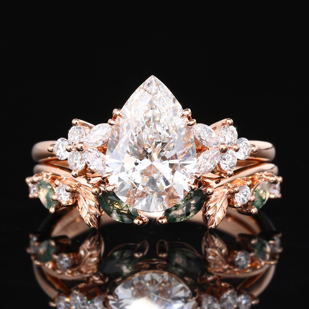 1.5ct Pear Cut Lab Grown Diamond Petal Cluster Bridal Ring Set with Marquise Mixed-Gem Band in Rose Gold