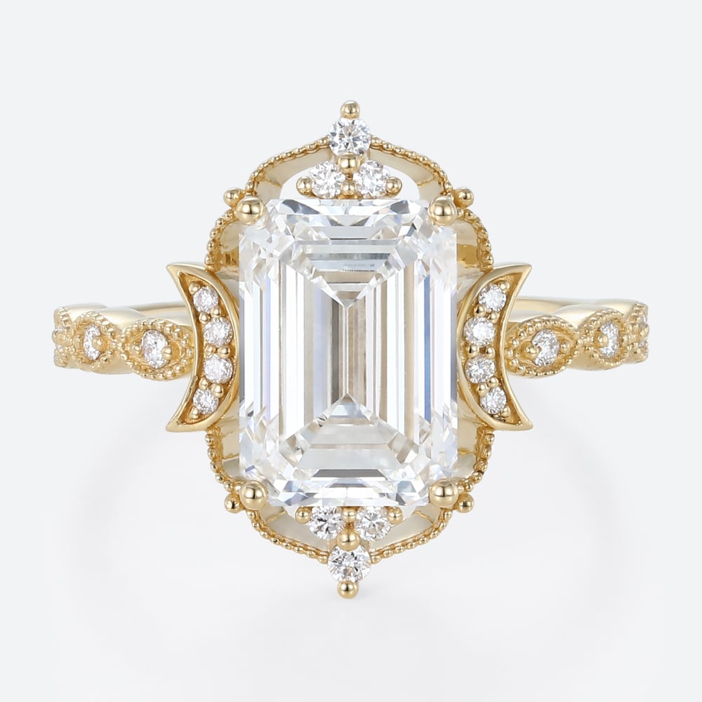5ct Emerald Cut Lab Diamond Ring​ Art Deco Vintage 4-Prong Rings in Yellow Gold
