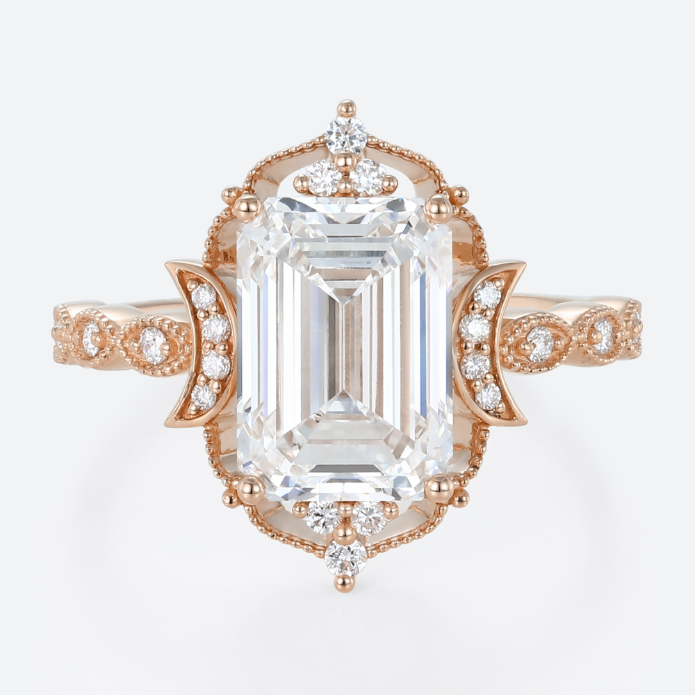 5ct Emerald Cut Lab Diamond Ring​ Art Deco Vintage 4-Prong Rings in Rose Gold