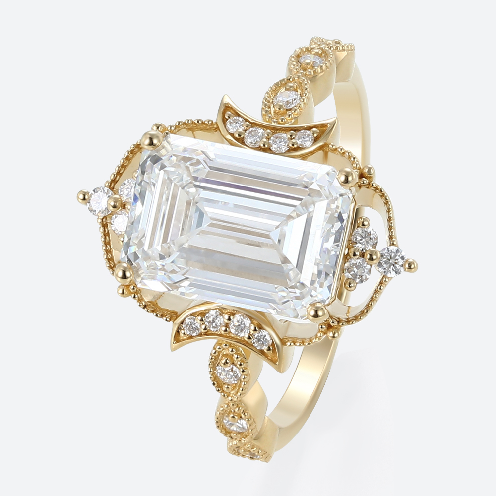 5ct Emerald Cut Lab Diamond Ring​ Art Deco Vintage 4-Prong Rings in Yellow Gold