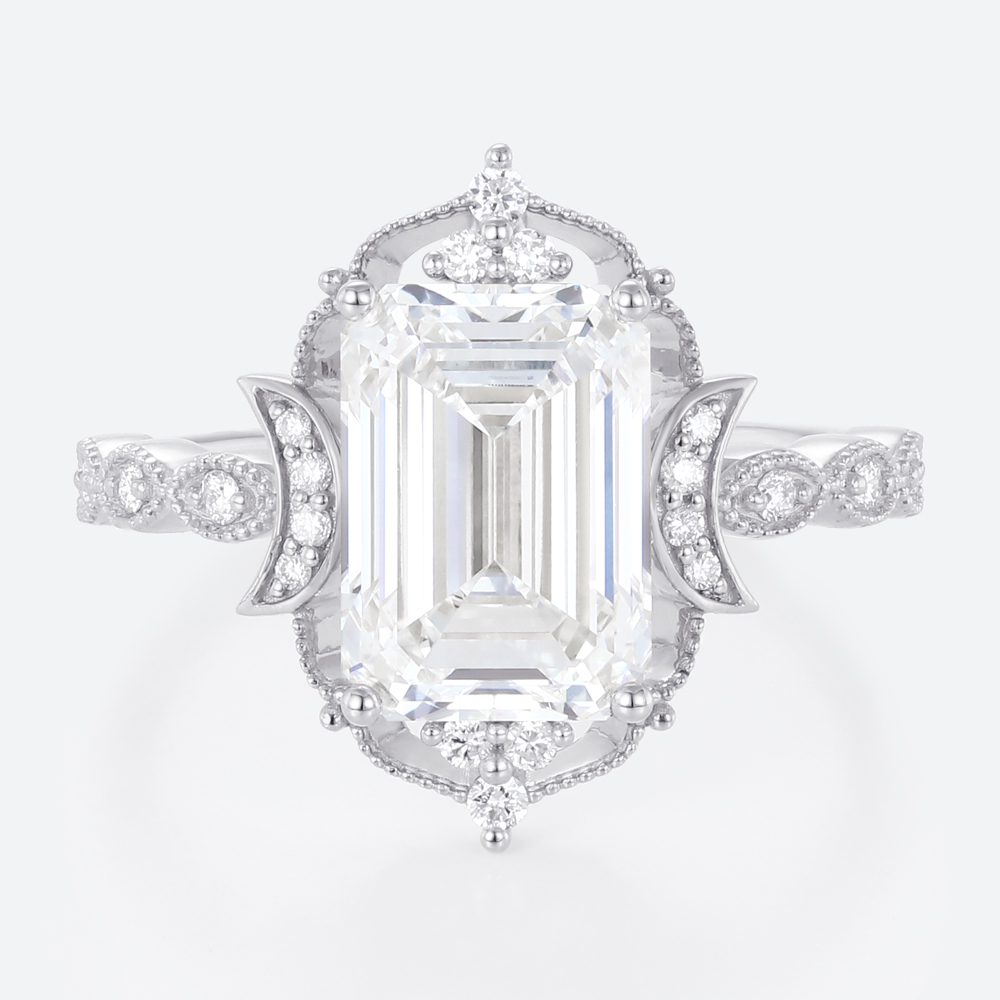 5ct Emerald Cut Lab Diamond Ring​ Art Deco Vintage 4-Prong Rings in White Gold